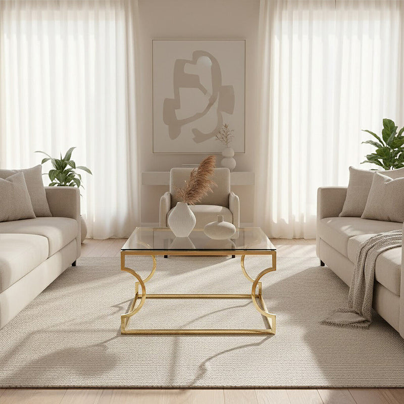 Gold Curved Frame Coffee Table with Clear Tempered Glass Top | Allure