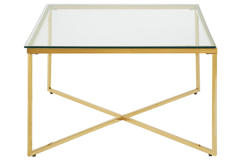Gold Finish Coffee Table with Intersecting Cross Base and Clear Glass Top | Allure