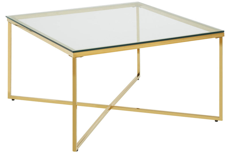 Gold Finish Coffee Table with Intersecting Cross Base and Clear Glass Top | Allure