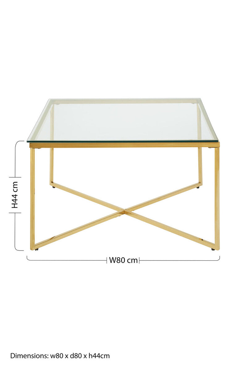 Gold Finish Coffee Table with Intersecting Cross Base and Clear Glass Top | Allure