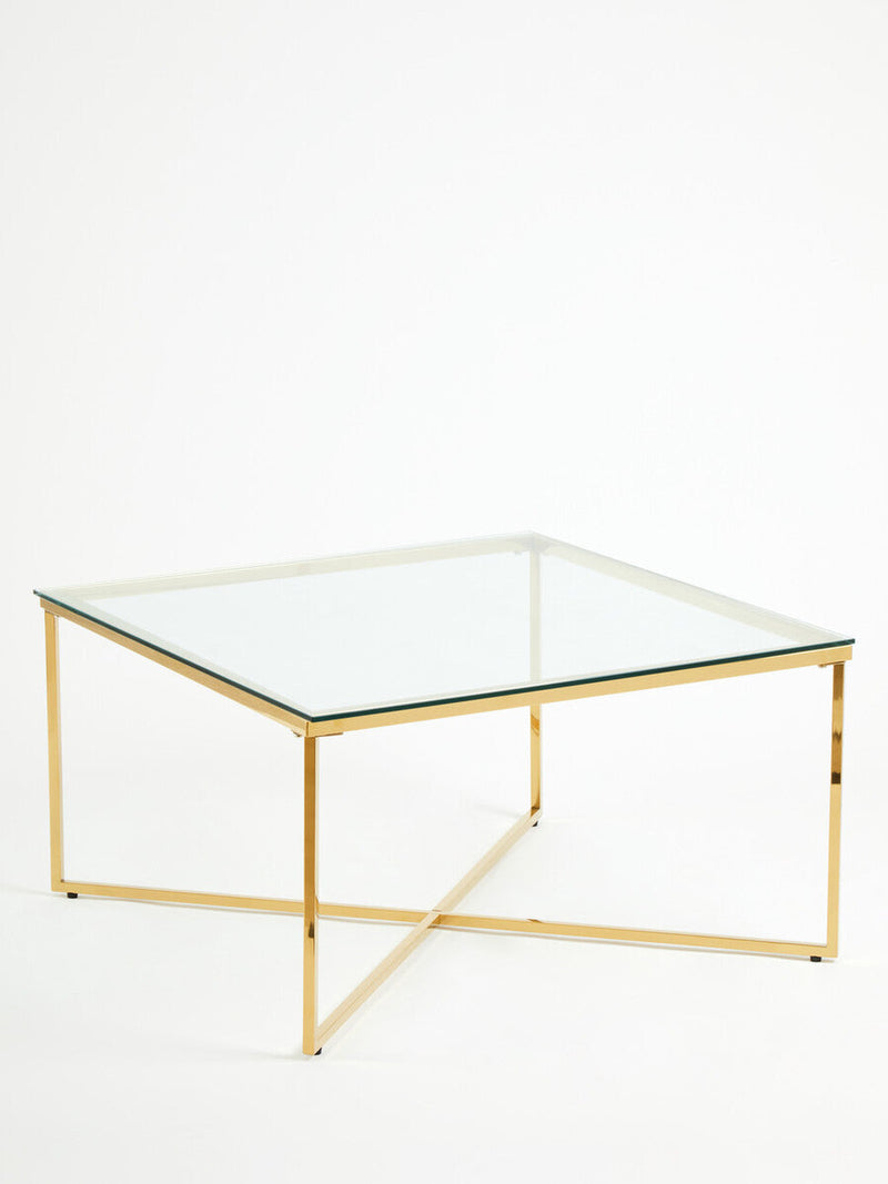 Gold Finish Coffee Table with Intersecting Cross Base and Clear Glass Top | Allure