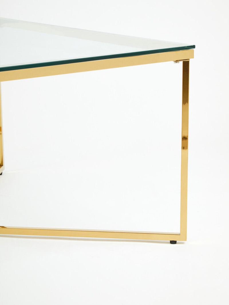 Gold Finish Coffee Table with Intersecting Cross Base and Clear Glass Top | Allure