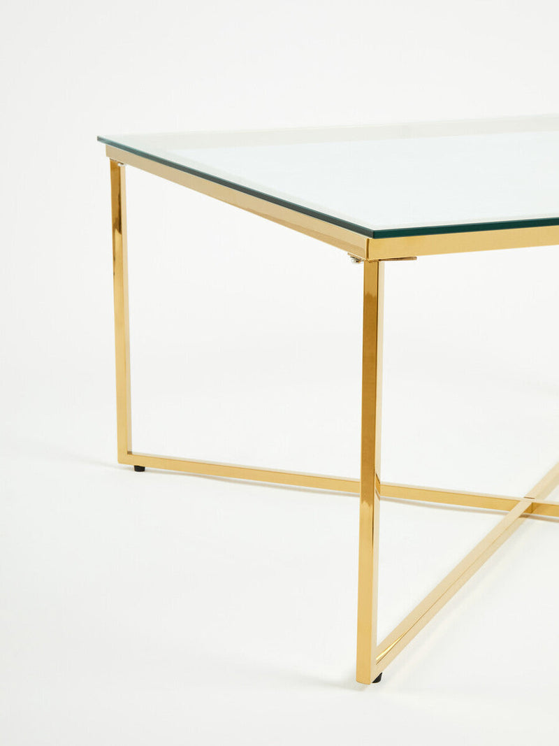 Gold Finish Coffee Table with Intersecting Cross Base and Clear Glass Top | Allure