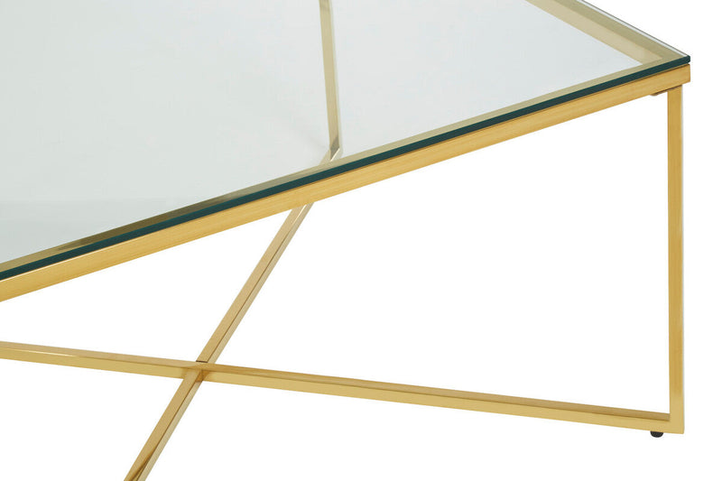 Gold Finish Coffee Table with Intersecting Cross Base and Clear Glass Top | Allure