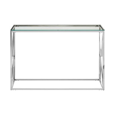 Silver Minimal Console Table with Cross Detail and Clear Tempered Glass Top | Allure