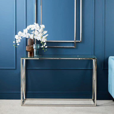 Silver Minimal Console Table with Cross Detail and Clear Tempered Glass Top | Allure