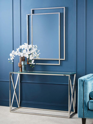 Silver Minimal Console Table with Cross Detail and Clear Tempered Glass Top | Allure