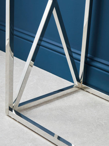 Silver Minimal Console Table with Cross Detail and Clear Tempered Glass Top | Allure
