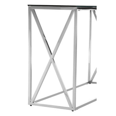 Silver Minimal Console Table with Cross Detail and Clear Tempered Glass Top | Allure