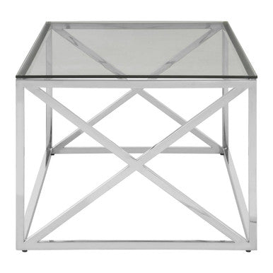 Silver Finish Coffee Table with Cross Frame and Tempered Glass Top | Allure