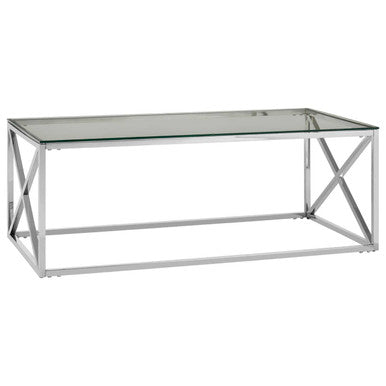 Silver Finish Coffee Table with Cross Frame and Tempered Glass Top | Allure