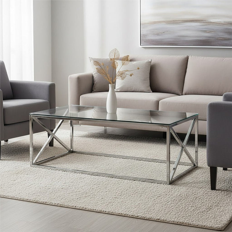 Silver Finish Coffee Table with Cross Frame and Tempered Glass Top | Allure