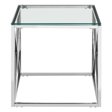 Silver Cross Base End Table with Transparent Tempered Glass Top | Allure