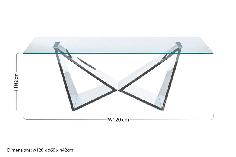 Silver Stainless Steel Wing Base Coffee Table with Clear Glass Top | Allure