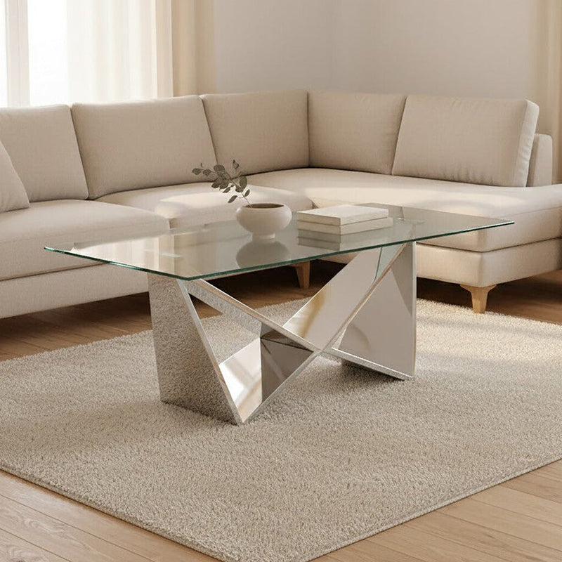Silver Stainless Steel Wing Base Coffee Table with Clear Glass Top | Allure