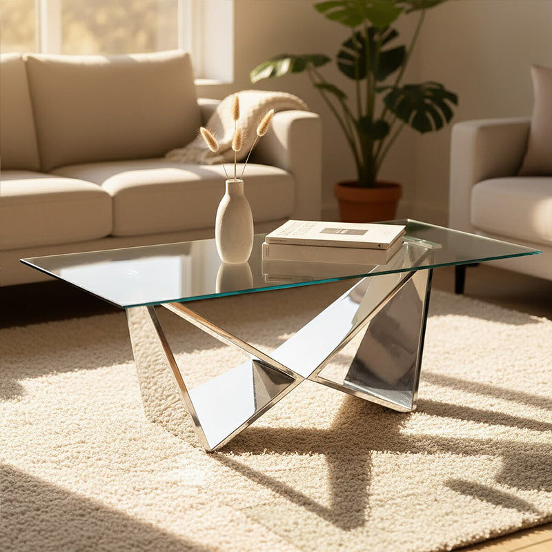 Silver Stainless Steel Wing Base Coffee Table with Clear Glass Top | Allure