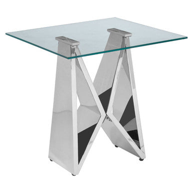 Silver Stainless Steel Wing Base End Table with Clear Glass Top | Allure