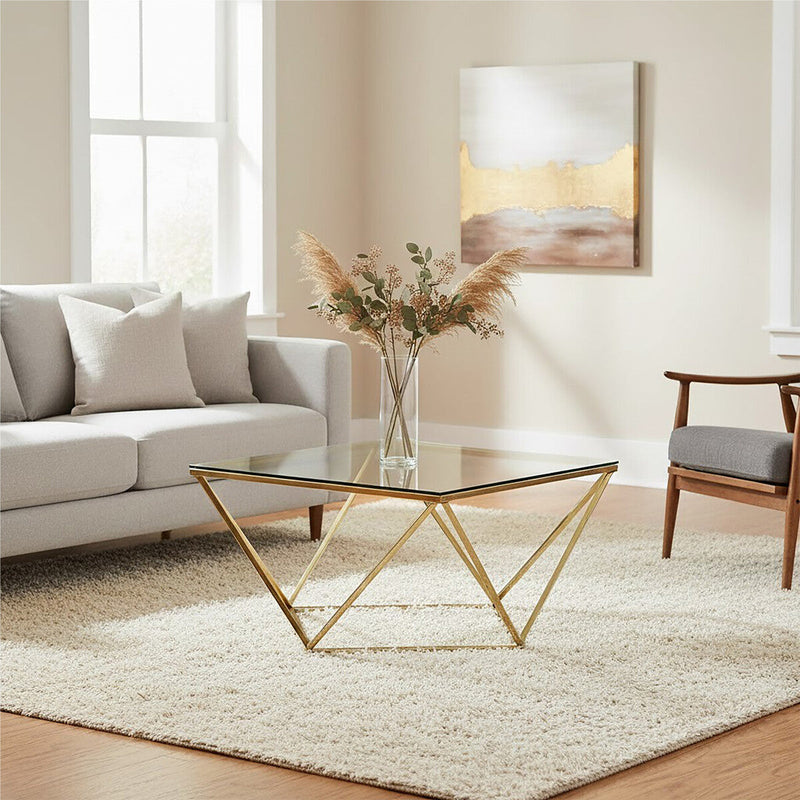 Gold Stainless Steel Twist Base Coffee Table with Tempered Glass Top | Allure