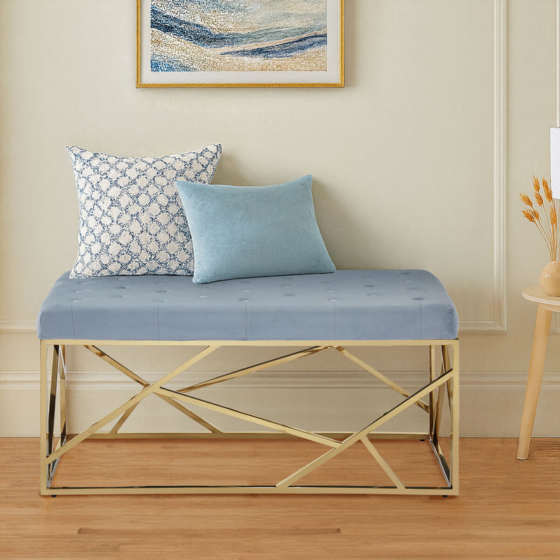 Gold And Powder Blue Velvet Bench | Allure