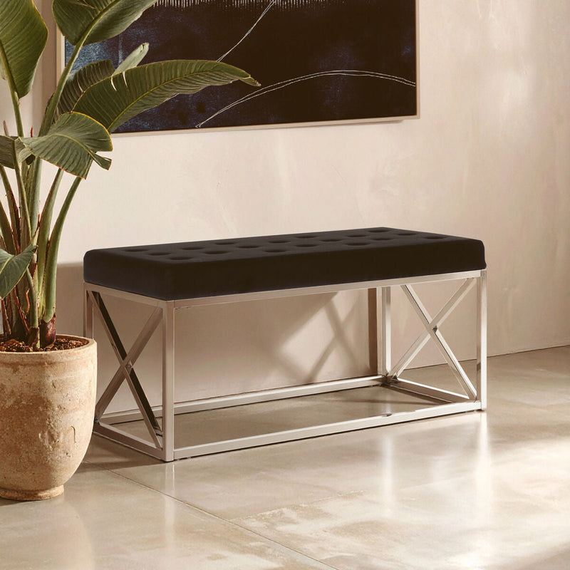 Black Tufted Seat And Silver Finish Bench | Allure