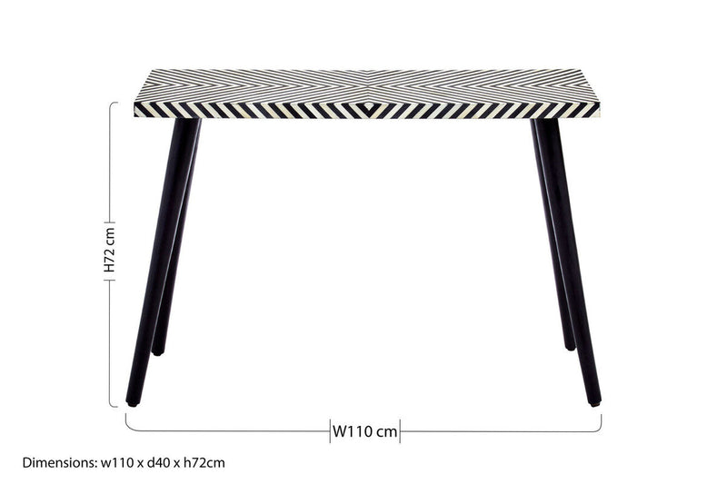 Black Chevron Bone Inlay Console Table with Slim Metal Legs | Boho