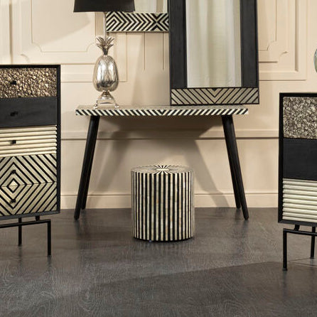 Black Chevron Bone Inlay Console Table with Slim Metal Legs | Boho