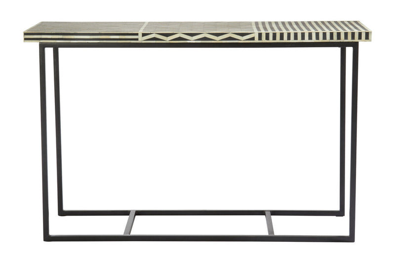 Black Console Table with Bone Inlay Pattern Top and Black Metal Base | Boho