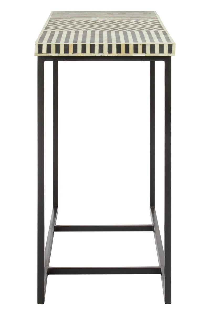 Black Console Table with Bone Inlay Pattern Top and Black Metal Base | Boho