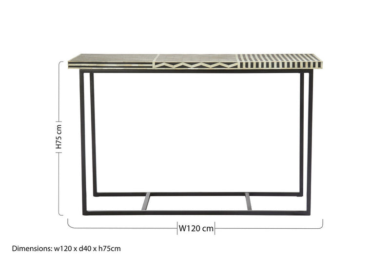 Black Console Table with Bone Inlay Pattern Top and Black Metal Base | Boho