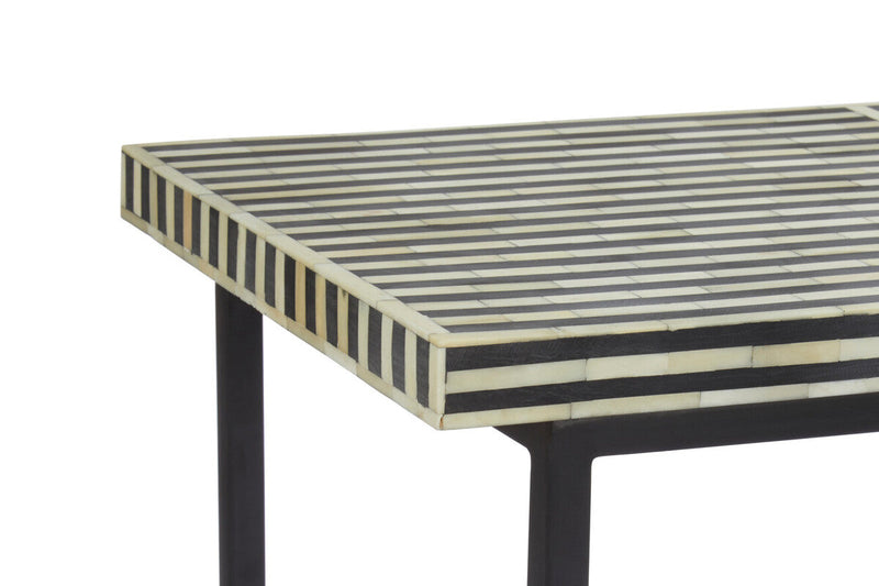 Black Console Table with Bone Inlay Pattern Top and Black Metal Base | Boho