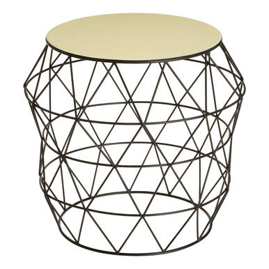 White Ivory Enamel Top Side Table with Black Metal Geometric Openwork Base | Corina