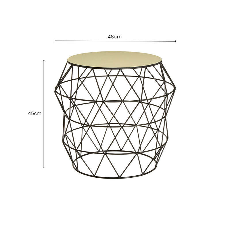 White Ivory Enamel Top Side Table with Black Metal Geometric Openwork Base | Corina