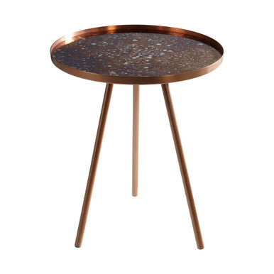 Matte Copper Weathered Side Table with Round Antique Glass Top and Splayed Legs | Corra