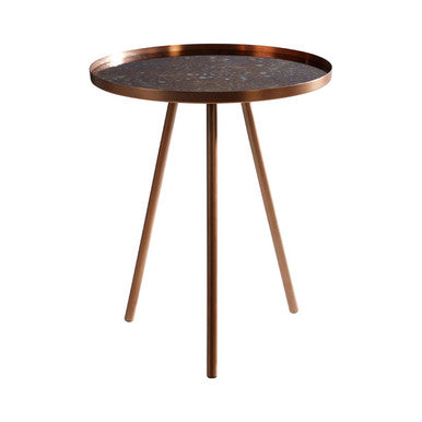 Matte Copper Weathered Side Table with Round Antique Glass Top and Splayed Legs | Corra