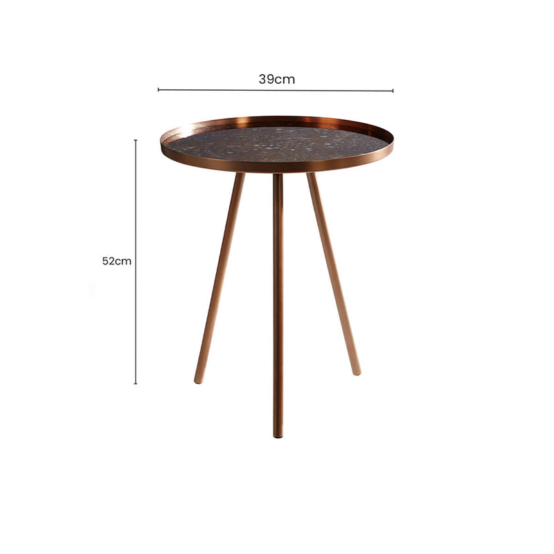Matte Copper Weathered Side Table with Round Antique Glass Top and Splayed Legs | Corra