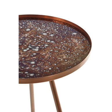 Matte Copper Weathered Side Table with Round Antique Glass Top and Splayed Legs | Corra