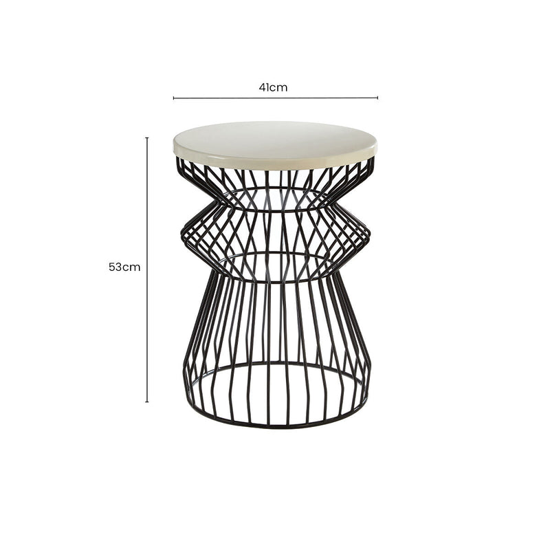 White Top Round Side Table with Black Iron Wire Curved Openwork Base | Corina