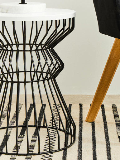 White Top Round Side Table with Black Iron Wire Curved Openwork Base | Corina