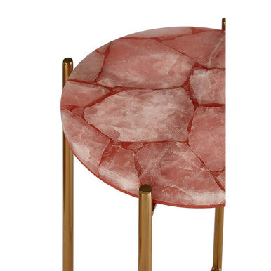 Gold and Pink Quartz Top Side Table with Gold Steel Cross Base | Vita