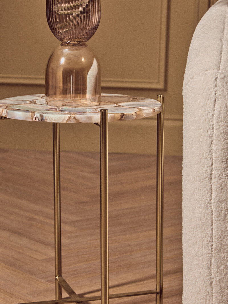 Natural and Gold Agate Top Side Table with Gold Steel Cross Base | Vita