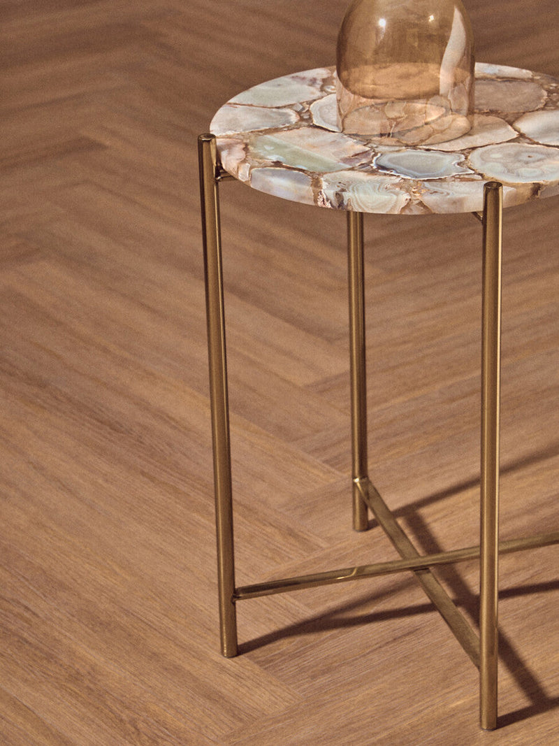 Natural and Gold Agate Top Side Table with Gold Steel Cross Base | Vita