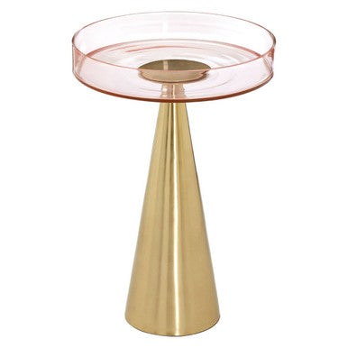 Clear Large Side Table with Pink Tinted Glass Top and Conical Metal Base | Martini