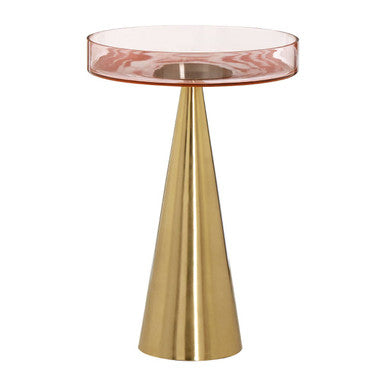 Clear Large Side Table with Pink Tinted Glass Top and Conical Metal Base | Martini