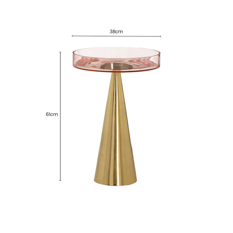 Clear Large Side Table with Pink Tinted Glass Top and Conical Metal Base | Martini