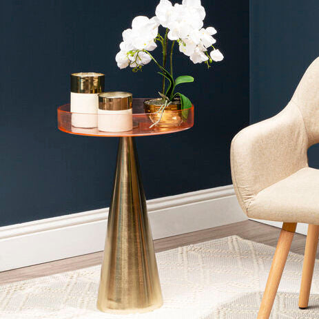 Clear Large Side Table with Pink Tinted Glass Top and Conical Metal Base | Martini