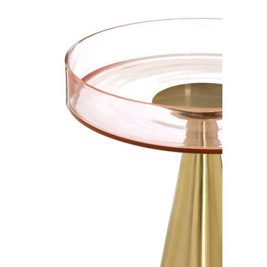 Clear Large Side Table with Pink Tinted Glass Top and Conical Metal Base | Martini