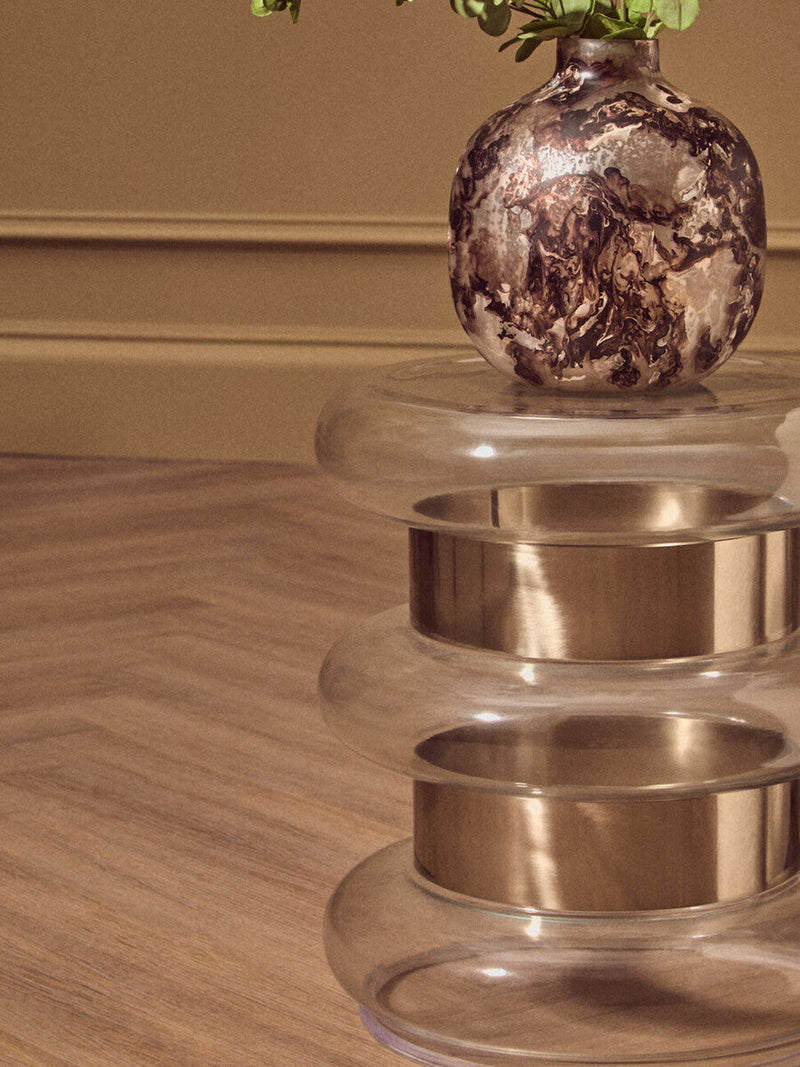 Gold Finish Side Table with Clear Circular Glass Sides and Steel Frame | Margot