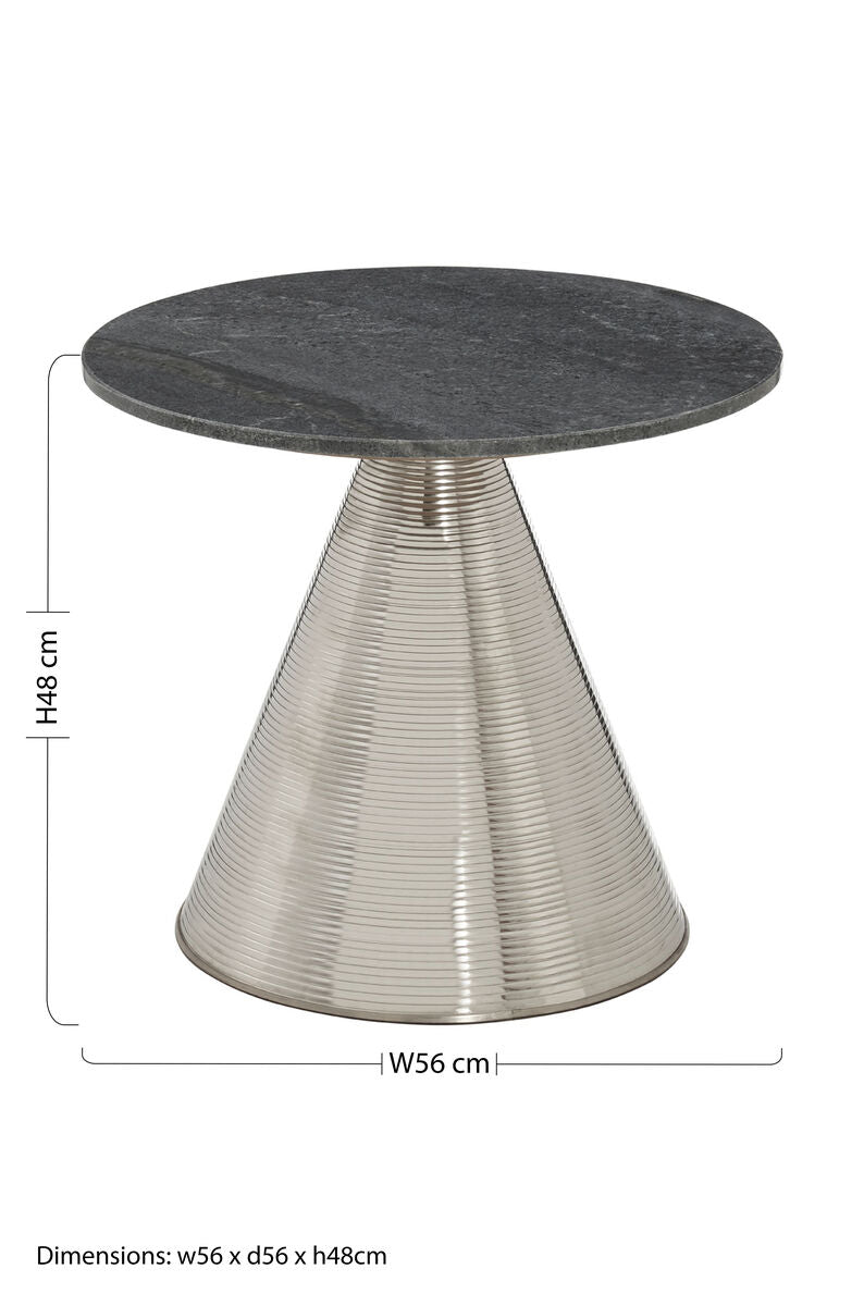 Grey Marble Top Side Table with Metallic Silver Finish Textured Base | Martini
