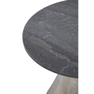 Grey Marble Top Side Table with Metallic Silver Finish Textured Base | Martini