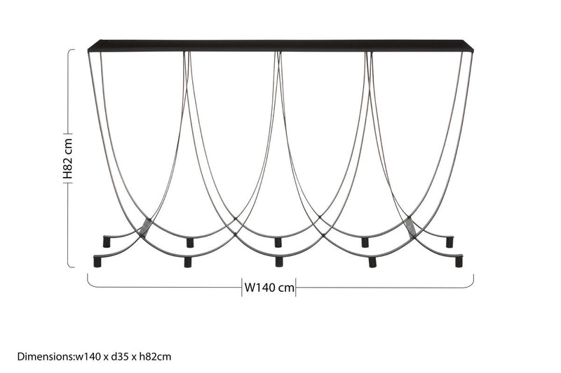 Black Glass Top Console Table with Black Iron Overlapping Curved Base | Trento